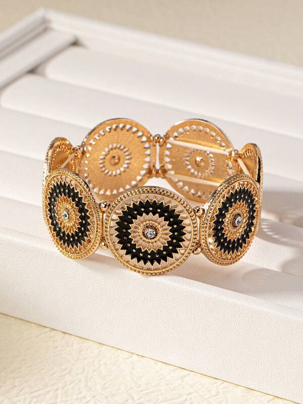 1 pieza Brazalete elástico con bordado floral de estilo árabe vintage con incrustaciones de rhinestone, diseño de flor negra de moda para uso diario