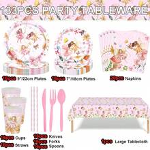 Pink Fairy Birthday Party Tableware, Suitable For Girls' 1st And 2nd Birthdays, Fairy Magic Theme Baby Christening Party Decoration, Disposable Plates Napkins Tablecloths - Floral Forest Garden Party Supplies Baby Christening Gifts - 彩色 - 查看 2