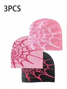 3 件蜘蛛网休闲街头风格腈纶混纺拼色针织帽，适合日常穿着秋季配饰 - 彩色 - 查看 2