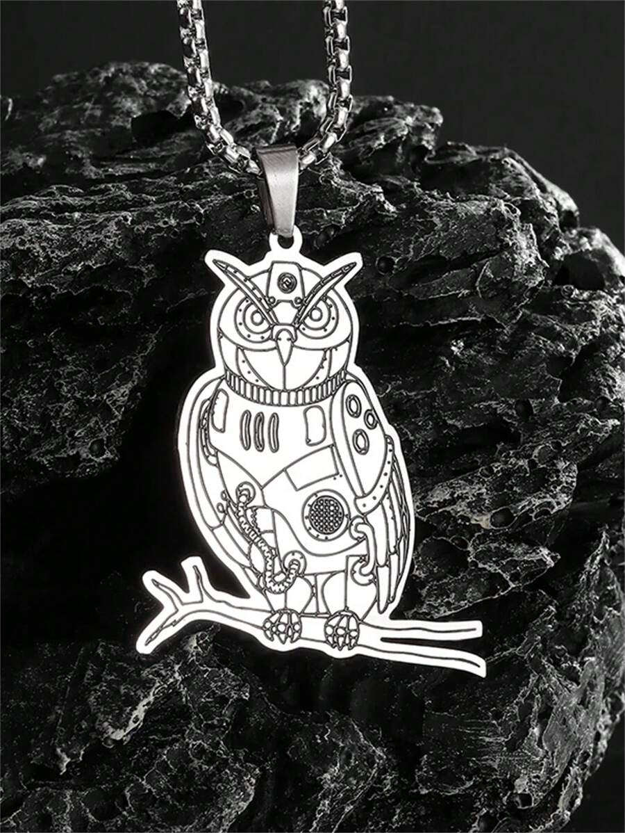 1pc Fashion Stainless Steel Flat Mechanical Doll, Owl Animal Pendant Necklace, Unisex Jewelry Casual Gift