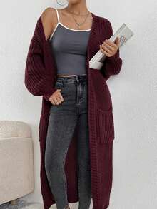 纯色前开宽松针织开衫，休闲长袖长款带口袋毛衣，女士服装 - 酒紅色 - 查看 2