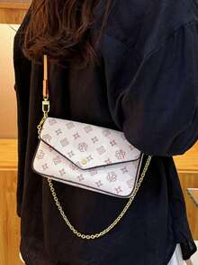 תיק בגט אופנתי עם שרשרת מתכת, ארנק מרובע רב-תכליתי וינטג' מינימליסטי - בז' - ראה 4