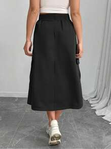 1 pièce Jupe longue élastique à taille haute de couleur unie, élégante et classique, avec poches latérales, en polyester, convient pour le printemps, l'été et l'automne, pour filles et adolescentes