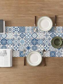 1pc Bohemian Blue & White Tile Pattern Polyester Tablecloth, Rectangular, Suitable For Kitchen, Dining Room Decor, Home Gatherings And Home Decoration - Blue - View 3