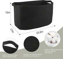 Extra Large Rectangle Storage Basket, 23.6" X 17" X 12" Black Blanket Basket Living Room, Big Cotton Rope Shoe Blanket Storage Bin, Woven Kids Dog Toy Bin Box Organizer, Wicker Laundry Basket - 黑與白 - 查看 2