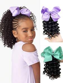 1 pieza Extensión de cola de caballo rizada sintética de 8 pulgadas para niños, extensiones de cola de caballo con elástico - Negro natural - Ver 2