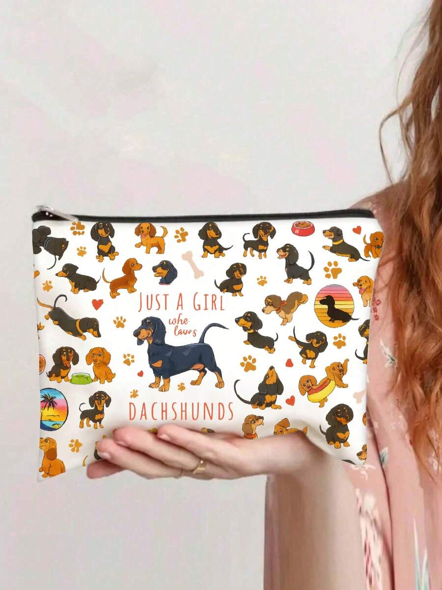 [Traveling Essential] Dachshund Lover Makeup Bag - "Just A Girl Who Loves Chashunds" Zipper Cosmetic Bag, Portable Travel Toiletry Bag, Suitable For Ladies, Ideal For Vacation, Business And Outdoor Activities, Dog Lover Travel Makeup Bag Gift | Portable Design, Room Decor, Bags, Makeup Bags, Vanity, Cosmetic Bag, Storage Bag, Cosmetic Organizer, Women's Gift, Christmas Gift, Creative Women's Gift - Multicolor - View 1