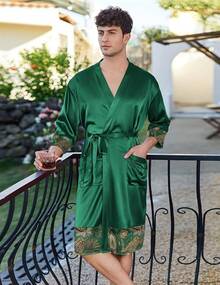 Mens Satin Robe Lightweight Silky Kimono Bathrobe 3/4 Sleeve Spa Knee Length Loungewear With Pockets S-3XLhalloween - Green-pattern - View 10