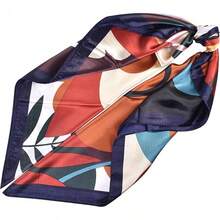 35 Inches Silk Head Scarf-Satin Hair Scarves Silk Bandana Scarf Headscarf For Women's Fashion Scarveshalloween - 彩色向日葵-海軍藍 - 查看 7