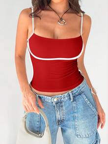 Mystra Women's Fashionable Summer Simple Color Block Camisole - Red - View 4