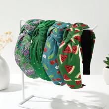 4 peças/Conjunto Cor Sólida de Tecido, Strass, Cereja, Morango, Melancia, Maçã, Poá, Xadrez, Floral Padrão Elástico Largo, Faixa de Cabelo, Acessórios para Cabelo, Diadema, Tiara