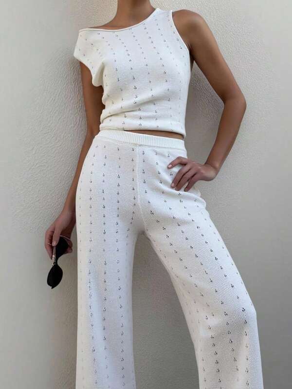 Conjunto de duas peças de colete sem mangas e calças casuais, primavera e verão, estilo praia, malha com relevo, elegante terno feminino