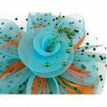 Derby Fascinators Women High Tea Party Hat Wedding Cocktail Flower Headware With Mesh And Feathers - 橙色&淺藍色 - 查看 6