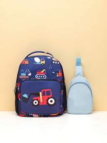 两件套返校背包，时尚休闲，可爱卡通挖土机印花双肩包组合包，含迷你胸包，非常适合旅行、郊游、出游、学校包。容量大，适合上班、通勤、工作、出差、购物、上学、度假、户外休闲运动、旅行、逛街等日常使用，也是送给朋友的生日礼物。拉链和印花位置随机。