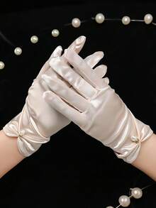 1 双女士新娘婚礼手套，缎面腕长歌剧手套，带珍珠装饰，正式派对礼服手套秋季配饰