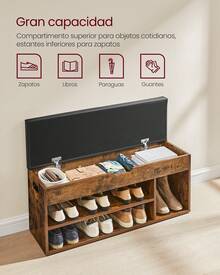 VASAGLE Banco Zapatero con Cojín, Banco de Almacenamiento, 3 Compartimentos, Almacenamiento Oculto, Carga de 150 kg, Marrón Rústico MLHS130B01 - Marrón - Ver 3