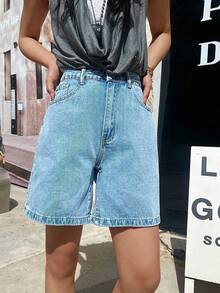 女式休闲纯色百慕大牛仔短裤，带口袋 - 淺色水洗藍 - 查看 4