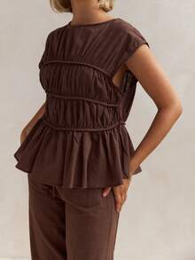 Women's Smocked Ruched Tops Cap Sleeve Round Neck Solid Color T-Shirts Summer Tops - Mocha Brown - View 6