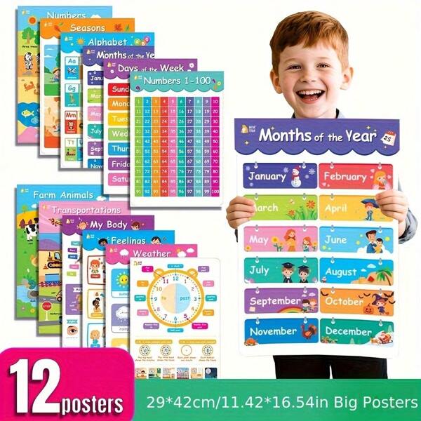 beartale 12pcs/Set Educational Posters Designed For Kids, 12 Different Themes For Children To Learn, Early Learning, Large A3 Posters, Preschool Early Education Materials, Improve Children's Learning Ability, Big Educational Posters Learning Wall Chart Set For Kids Babies Early Educational English Alphabet & Numbers 0-100 & 0-12 Months & Days Toys