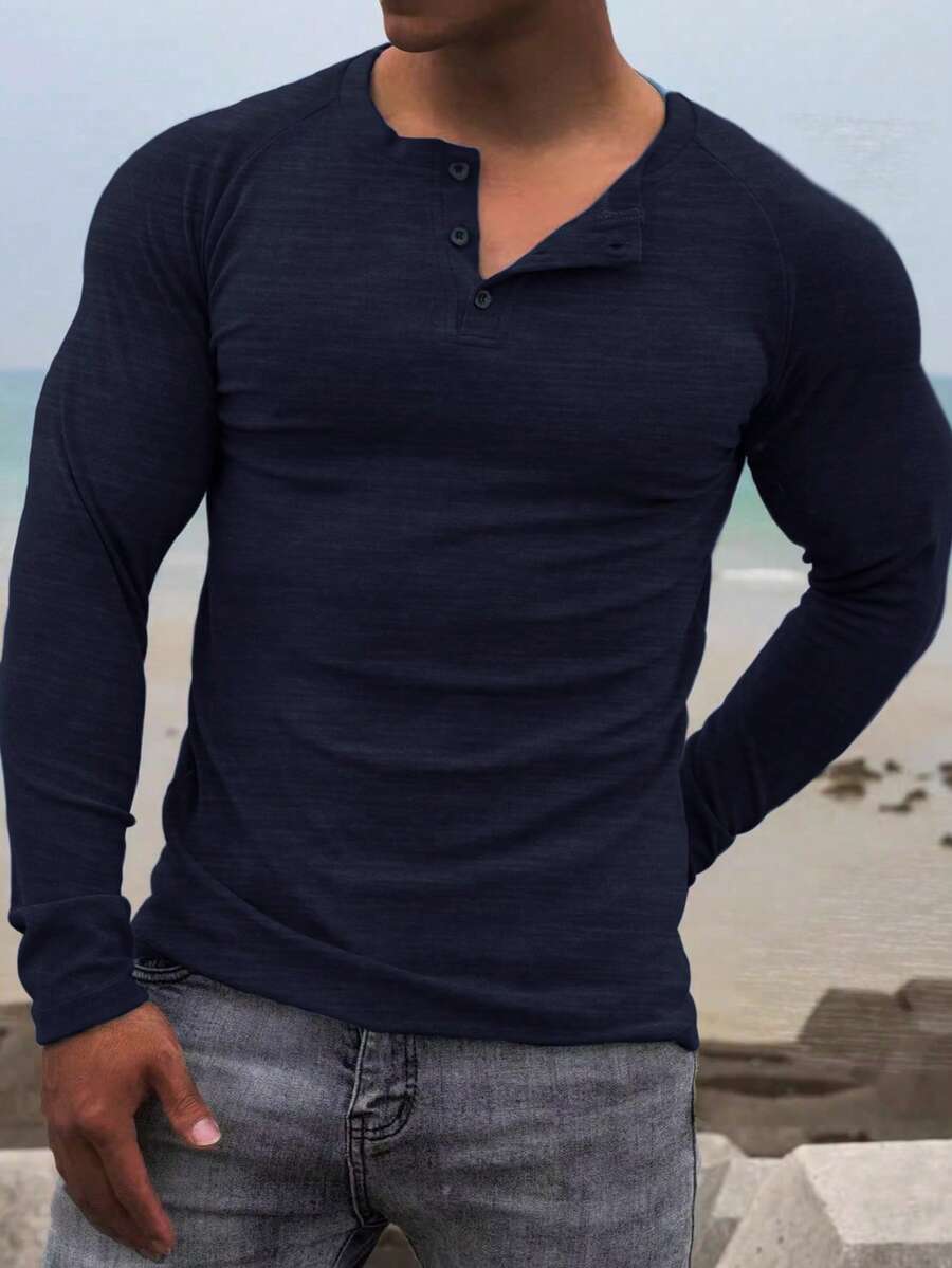 男士休闲百搭亨利领长袖 T 恤，纯色百搭舒适柔软，适合所有季节，秋季