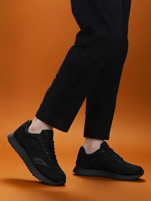 Men's Black Lace-Up Sneakers, Versatile And Simple Casual Shoes, Summer Mesh Breathable Thick Bottom Heightening Running Shoes, Non-Slip Rubber Soles, Suitable For Outdoor And Indoor Activities, Casual And Sports Style, Suitable For All Seasons