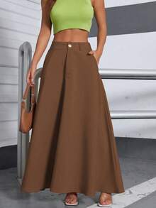 A&DD MODA, REF: H938-BX33 Women's Long Skirt High Waist Casual Round Umbrella Style Fluid Light Comfortable Elegant Versatile Quality Fabric Skirt For Everyday Social Sophisticated Modern Blogger Style Fresh Practical Charming High Durability Delicate Look ✨ - 巧克力棕 - 查看 1