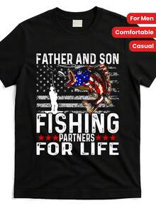 Father And Son Fishing Partners For Life Usa Flag Gift Design Street Trending Style Casual Tee Men'S Comfortable Cotton Round Neck Short Sleeves T-Shirt,100% Pure Cotton Short Sleeved Shirt, Essential For Summer And Spring, Loose Casual Round Neck, Men's Letter Printed T-Shirt, Suitable For Sports Enthusiasts - 黑色 - 查看 1