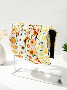4 peças/Conjunto Cor Sólida de Tecido, Strass, Cereja, Morango, Melancia, Maçã, Poá, Xadrez, Floral Padrão Elástico Largo, Faixa de Cabelo, Acessórios para Cabelo, Diadema, Tiara