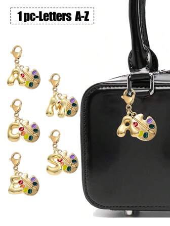 Pendentif de sac de collier mignon en lettres à bulles dorées - Pendentif en cristal porte-bonheur, lettres de l'alphabet A-Z, équipé d'accessoires en petite canevas multicolore, mode et personnalisé, convient pour les sacs à dos, les sacs à main, les clés de voiture