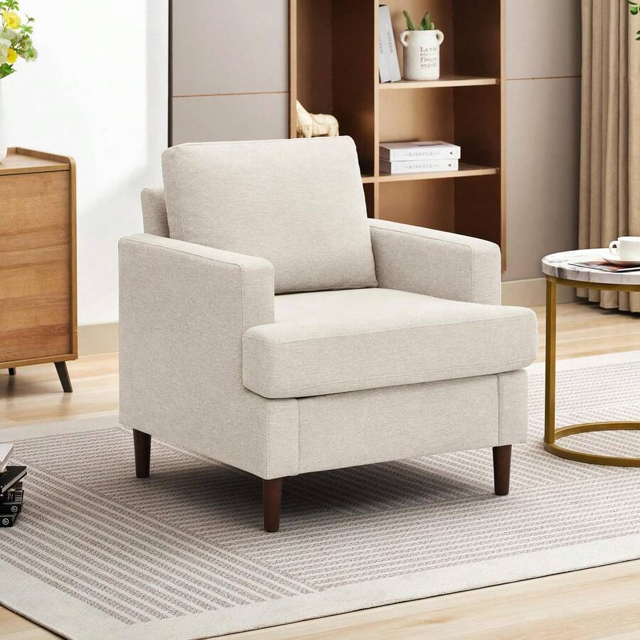 Fauteuil d'appoint, chaise de salon moderne en lin pour le salon, fauteuil simple avec pieds en bois, chaise d'appoint de salon de lecture en tissu avec coussin, fauteuil