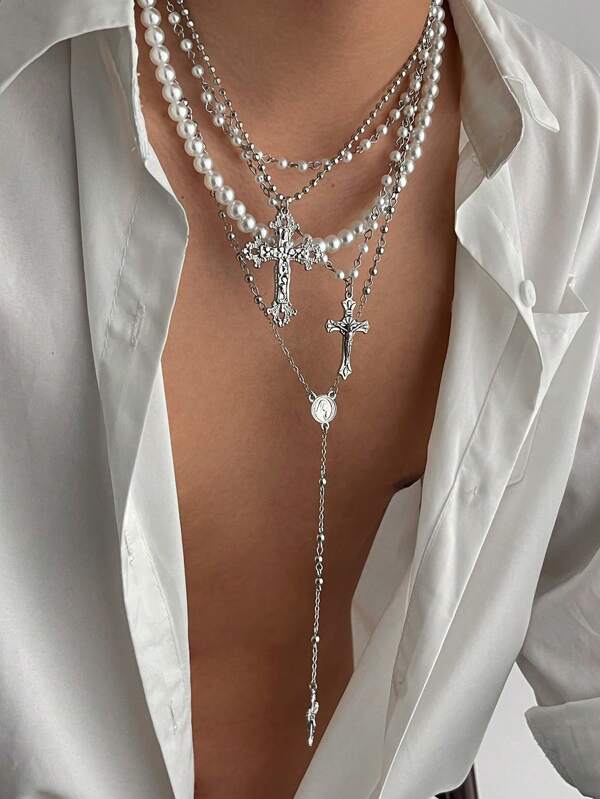 4pcs Retro Punk Metal Cross Pendant Y Shape Necklace Set, Men's Hiphop Fashion Faux Pearl Multilayer Necklace