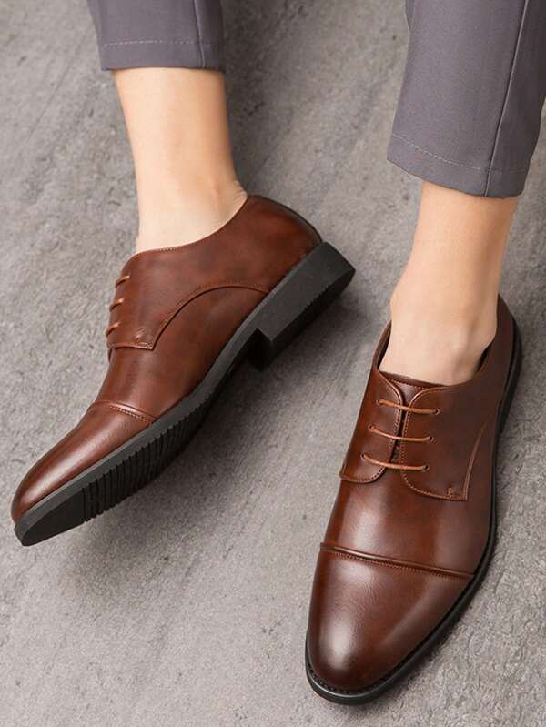 Men's British-Style Retro Double-Eyelet Formal Dress Shoes, Lace-Up, Suitable For Weddings And Formal Occasions