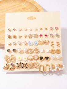 30 pares/tarjeta de pendientes tipo mariposa, corazón, lazo, perla y flor, un set sencillo y versátil
