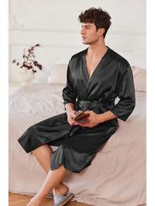 Mens Satin Robe Lightweight Silky Kimono Bathrobe 3/4 Sleeve Spa Knee Length Loungewear With Pockets S-3XLhalloween - Black - View 5