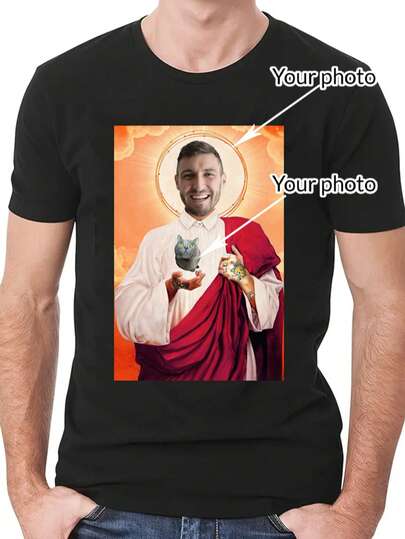 Customized Personalized Men's Loose Fit Fun Face T-Shirt -Add You Face And Photo (Selfie/Family Photo/Pet Photo/Friend Photo/Party/Team/ Boyfriend/Girlfriend/Pet/Couple Matching/ Workwear)