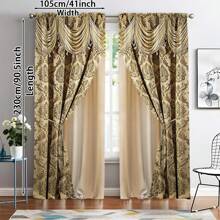 2pcs European Luxury Brown Printed Curtains - Semi-Sheer Polyester, Rod Pocket, Machine Washable, Bohemian Style With Golden Floral Pattern For Living Room, Kitchen, Bedroom & Office Decor, Curtains For Living Room