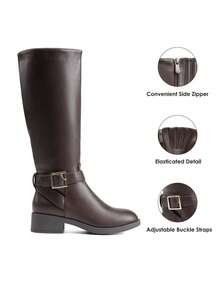 Women's Knee-High Boots, Comfortable Chunky Block Heel Pointed Toe Pull On Side Zipper Suede Slouch Riding Boots - 棕色 - 查看 8