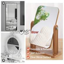 1pc 360° Rotatable Makeup Mirror, Portable Elegant Wooden Countertop Vanity Mirror With High-Definition Glass, Rectangle Stand Up Table Decorative Mirrors For Living Room Bedroom Study Office Home Decor, Holiday Gift