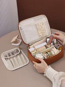 1 件 PU 化妆包，多功能大容量化妆包，带可移动隔板，适合女士，旅行整理器旅行必需品假期暑假返校学校用品包，适合学校的旅行包，女士化妆包，旅行 - 棕色 - 查看 3