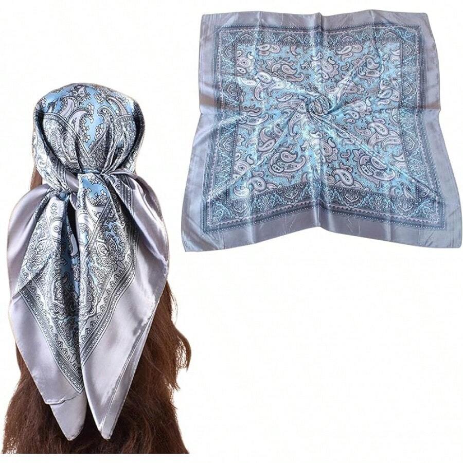 35 Inches Silk Head Scarf-Satin Hair Scarves Silk Bandana Scarf Headscarf For Women's Fashion Scarveshalloween - 佩斯利 - 灰 - 查看 1