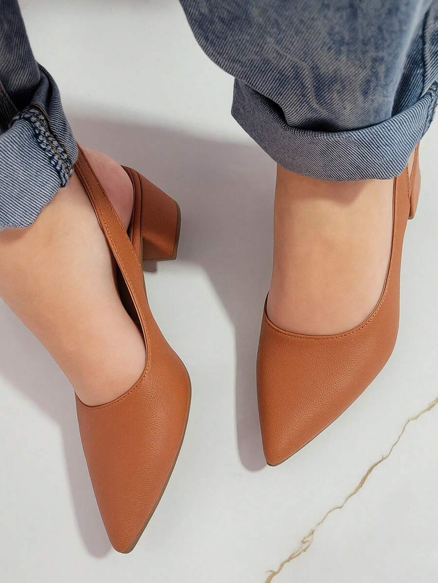 Elegant Block Heel Sandal With Pointed Toe And Open Back - Camel - View 1