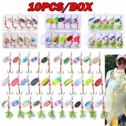HENGJIA 10 件水滴金属勺旋转鱼饵套装带钩人工鱼饵套装摇摆饵适用于淡水和咸水
