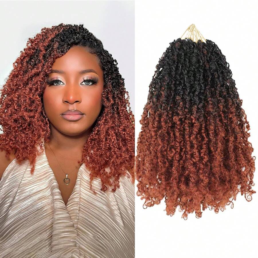 Extensiones de cabello de ganchillo sintético Ombre marrón con trenzas pasión precortadas y retorcidas, 1-6 paquetes de 24 mechones/paquete - Naranja Manchado - Ver 1