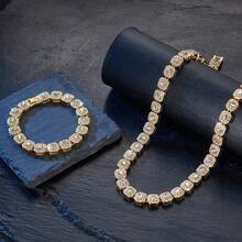 男女嘻哈风格方链项链手链套装，时尚配饰方链设计，镶嵌10mm水钻，适合日常佩戴、派对、宴会等场合，男女首饰套装