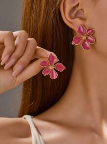 2 pièces Ensemble de boucles d'oreilles à clou à fleurs rose émaillées pour femmes, bijoux de boucles d'oreilles clip minimalistes chics et haut de gamme