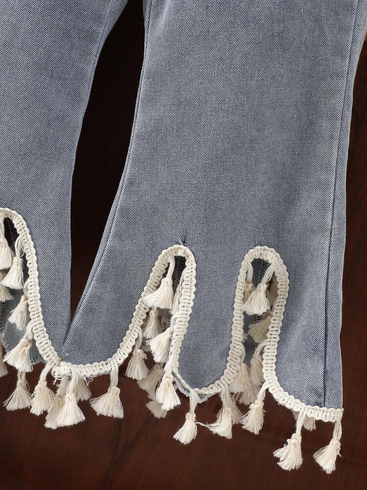 مجموعة من قطعتين: توب كامسول مطرز بشكل دب جميل + بنطلون ذو ساق واسعة مزين بشراريب عصري وعملي - أبيض - مشاهدة 7