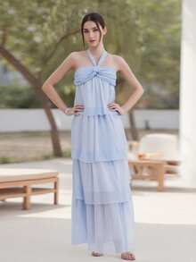Women Elegant Off-Shoulder Sleeveless Dresses Solid Color 4 Layer Ruffle Cake Dress Party Gown - Light Blue - View 3