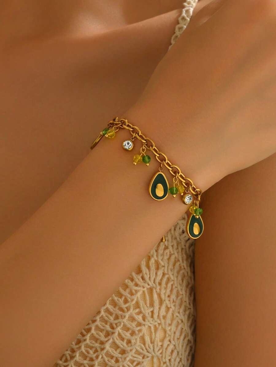 1pc Gold Chain Avocado Shaped Pendant Bracelet, Unique & Cute, Bright & Vibrant Color, Energetic & Playful Wearing Experience, Showcases Personal Charm