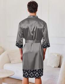 Mens Satin Robe Lightweight Silky Kimono Bathrobe 3/4 Sleeve Spa Knee Length Loungewear With Pockets S-3XLhalloween - 深灰色圖案 - 查看 6