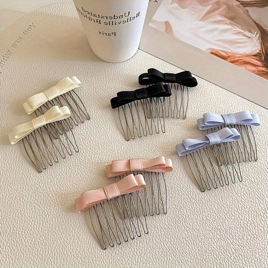 2pcs/Set Solid Color Casual Claw Clip Bowknot Bangs Hair Clip, Side Bangs Hairpin Headwear, Non-Slip, Claw Clips, Hair Claws, Clips For Hair, Hair Slide, Hair Barrettes